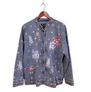 Vintage Denim & Co Floral Embroidered Cottagecore Jean Jacket Size Large‎